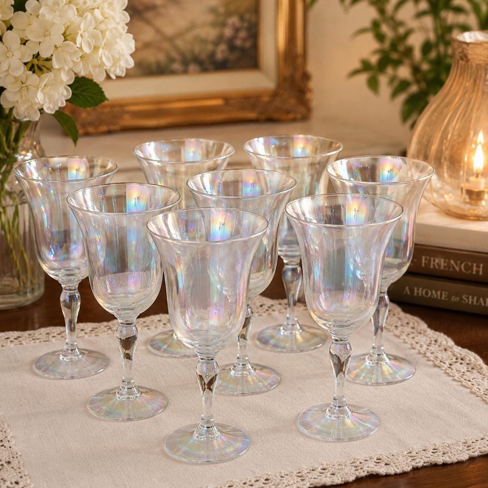 VTG Iridescent Wine Glasses Set of 8 Luster Goblets Pearlescent Stemware Goblets